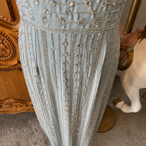 NTW Mac Duggal Size 6 Blue Beaded Empire Waist Column Midi Cocktail Dress 93649 - Picture 6 of 10